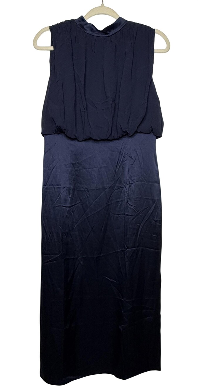 LILYSILK Dress Womens 4 Navy Blue 100% Silk Mock Neck Keyhole Blouson Midi